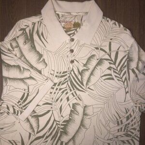 Caribbean Pineapple Ivory Silk Blend Short Sleeve Polo Floral Large Green Beige